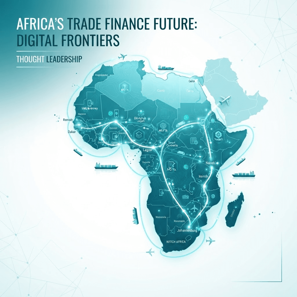 A stylised map of Africa with digital trade routes and fintech infrastructure overlaid
