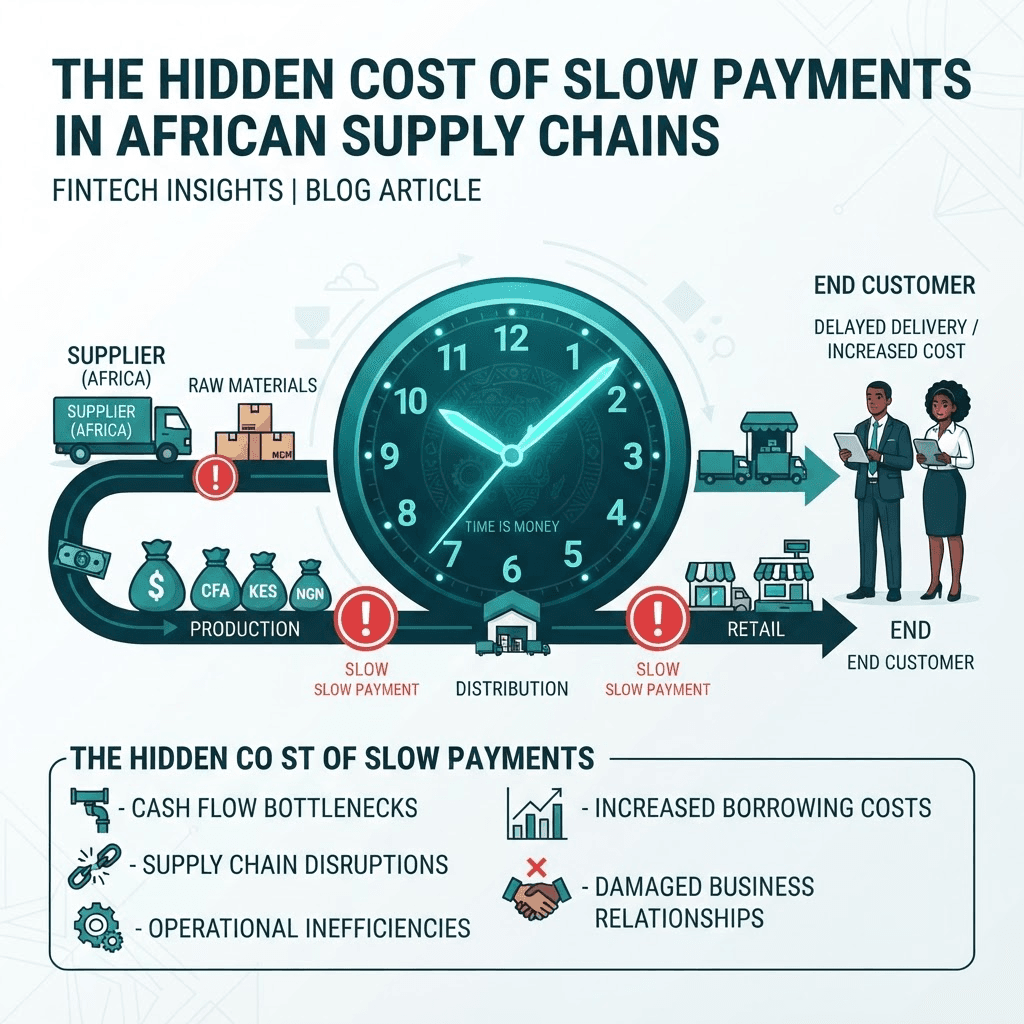 A supply chain timeline dominated by a large clock, with delayed payment markers