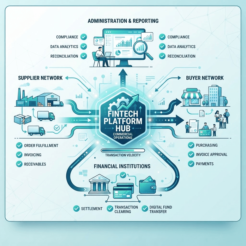 A central platform hub connecting suppliers, buyers, and payments with transaction flows