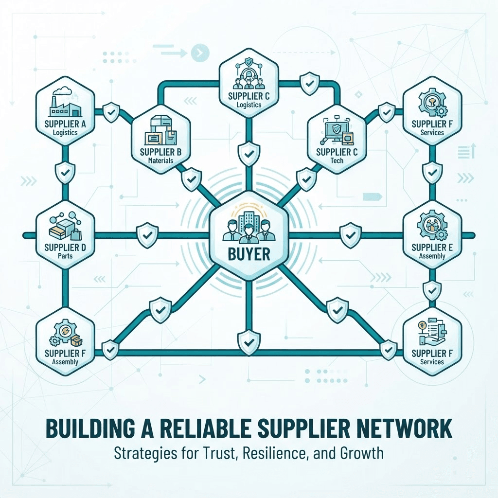 Illustration of a buyer hub connected to a network of verified suppliers