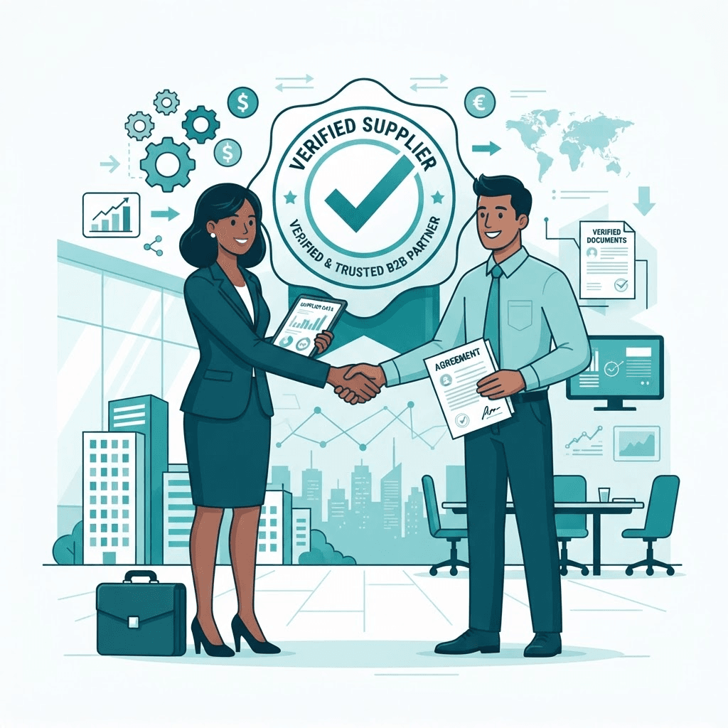 Two business figures exchanging documents with a verified badge and checkmark in the background