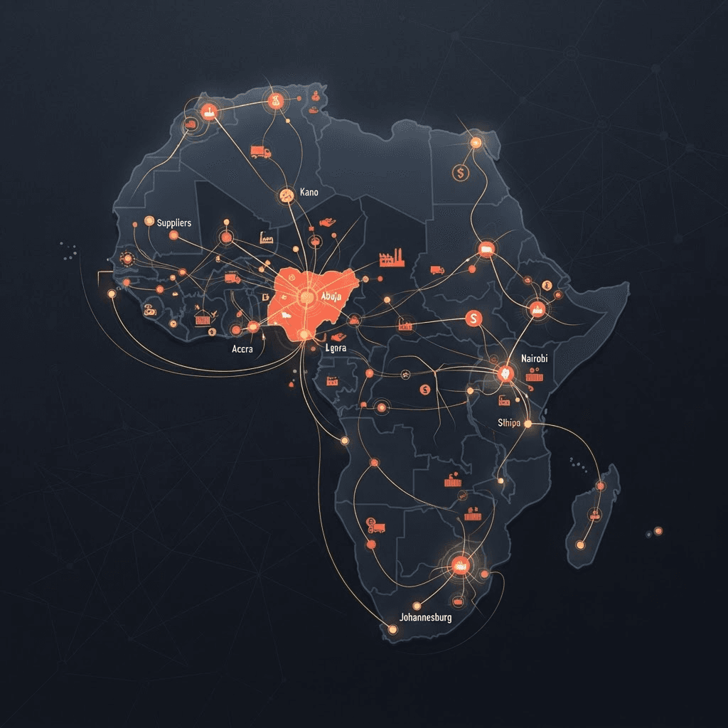 Abstract illustration of interconnected trade nodes across Nigeria and Africa, representing Reelaay's mission